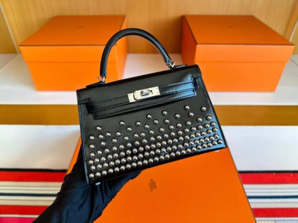 H Factory Bags Mini Kelly Rivet Style Shiny Box Leather CK89 Black Silver Hardware 19cm Full Handmade