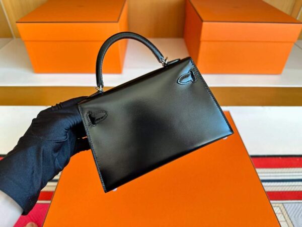 H Factory Bags Mini Kelly Rivet Style Shiny Box Leather CK89 Black Silver Hardware 19cm Full Handmade