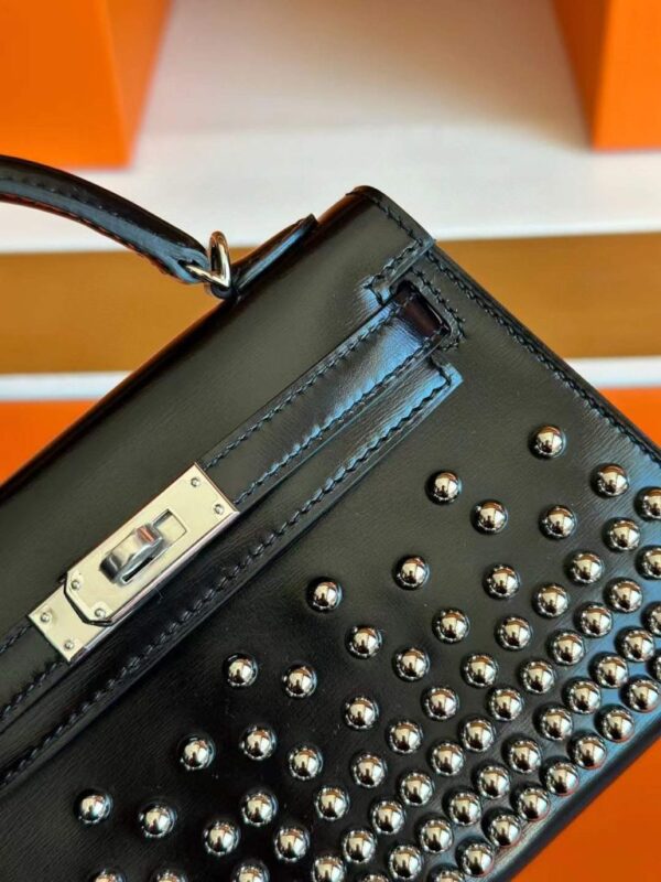 H Factory Bags Mini Kelly Rivet Style Shiny Box Leather CK89 Black Silver Hardware 19cm Full Handmade
