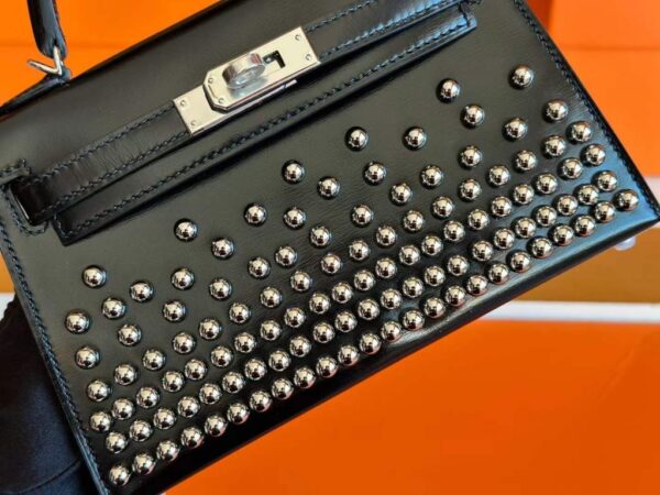 H Factory Bags Mini Kelly Rivet Style Shiny Box Leather CK89 Black Silver Hardware 19cm Full Handmade