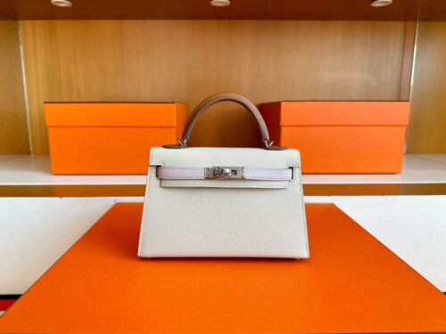 H Factory Bags Mini Kelly Epsom Leather Cream White & Pink Purple & Gold Brown Silver Hardware 19cm Full Handmade