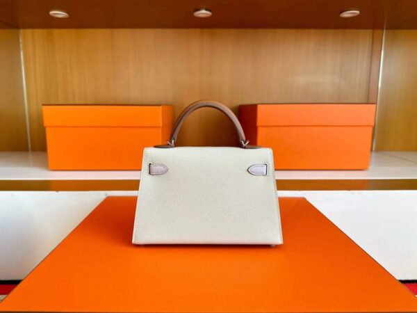H Factory Bags Mini Kelly Epsom Leather Cream White & Pink Purple & Gold Brown Silver Hardware 19cm Full Handmade