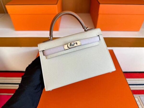 H Factory Bags Mini Kelly Epsom Leather Cream White & Pink Purple & Gold Brown Silver Hardware 19cm Full Handmade