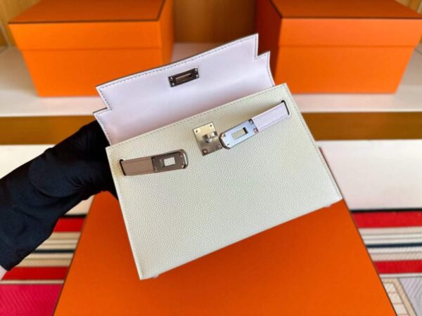 H Factory Bags Mini Kelly Epsom Leather Cream White & Pink Purple & Gold Brown Silver Hardware 19cm Full Handmade