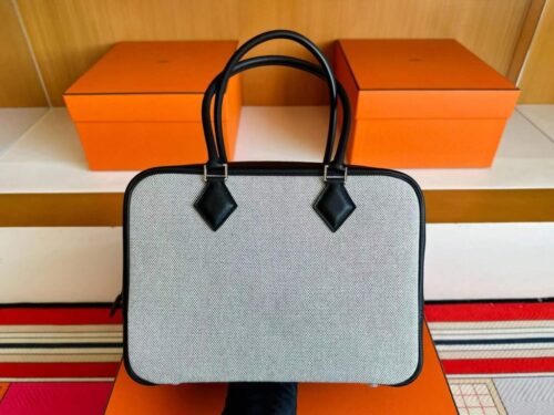 H Factory Bags Plume Swift Leather & Canvas Black Silver Hardware 28cm Full Handmade