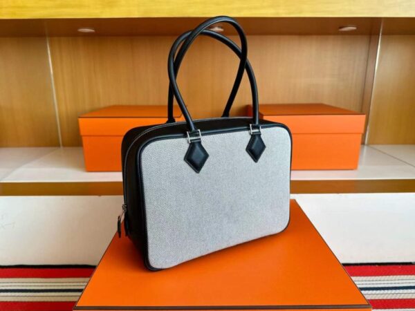 H Factory Bags Plume Swift Leather & Canvas Black Silver Hardware 28cm Full Handmade