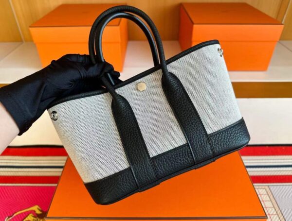 H Factory Bags Mini Garden Party Togo Leather & Canvas Black Silver Hardware 18cm Full Handmade