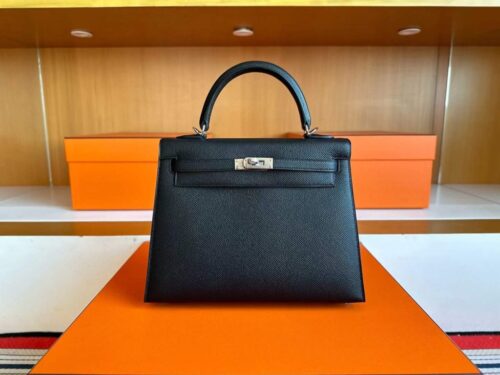 H Factory Bags Kelly Epsom Leather CK89 Black Silver Hardware 25cm Full Handmade