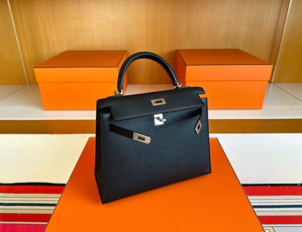 H Factory Bags Kelly Epsom Leather CK89 Black Silver Hardware 25cm Full Handmade