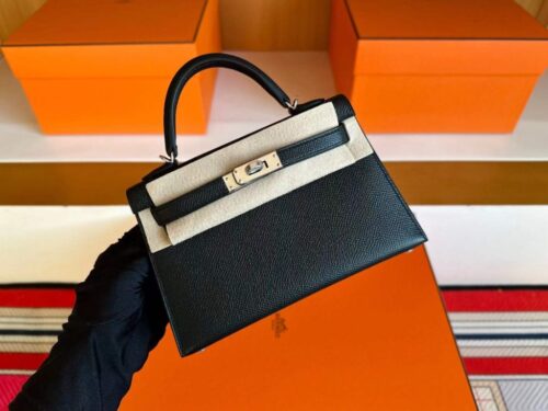 H Factory Bags Mini Kelly Epsom Leather CK89 Black Silver Hardware 19cm Full Handmade