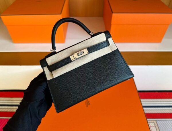 H Factory Bags Mini Kelly Epsom Leather CK89 Black Silver Hardware 19cm Full Handmade