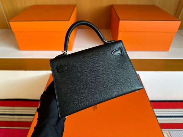 H Factory Bags Mini Kelly Epsom Leather CK89 Black Silver Hardware 19cm Full Handmade