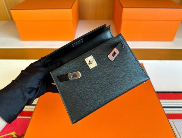 H Factory Bags Mini Kelly Epsom Leather CK89 Black Silver Hardware 19cm Full Handmade