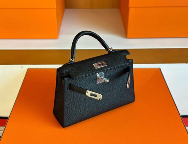 H Factory Bags Mini Kelly Epsom Leather CK89 Black Silver Hardware 19cm Full Handmade