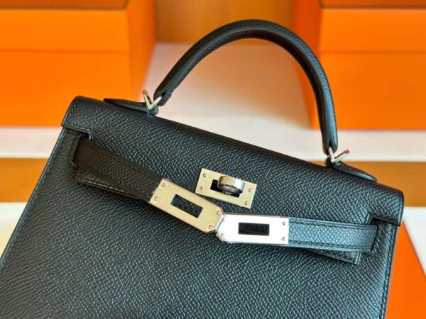 H Factory Bags Mini Kelly Epsom Leather CK89 Black Silver Hardware 19cm Full Handmade