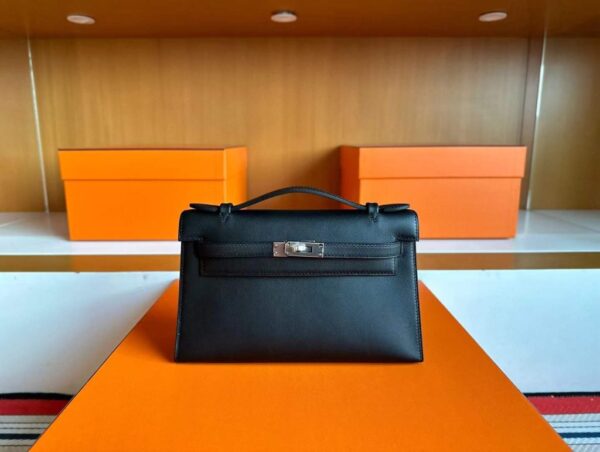 H Factory Bags Mini Kelly Pochette Swift Leather CK89 Black Silver Hardware 22cm Full Handmade