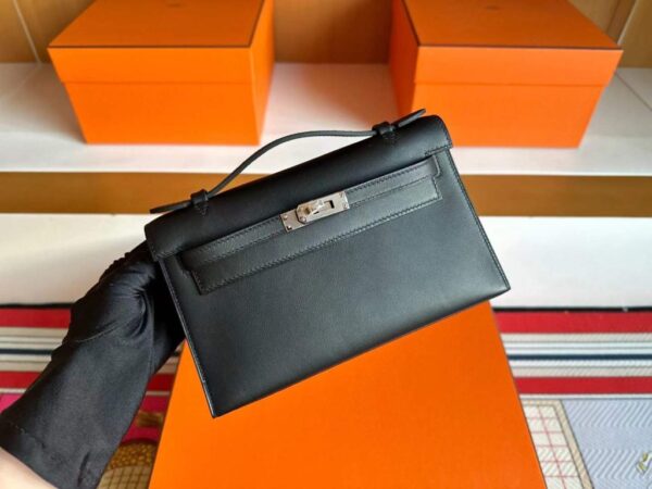 H Factory Bags Mini Kelly Pochette Swift Leather CK89 Black Silver Hardware 22cm Full Handmade