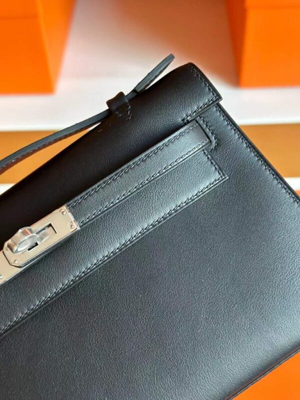 H Factory Bags Mini Kelly Pochette Swift Leather CK89 Black Silver Hardware 22cm Full Handmade