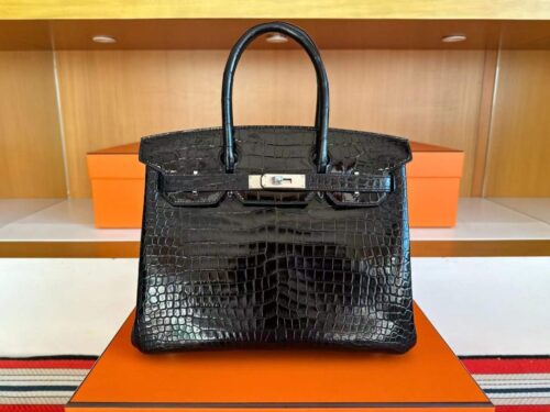 H Factory Bags Birkin Shiny Porosus Crocodile CK89 Black Silver Hardware 30cm Full Handmade