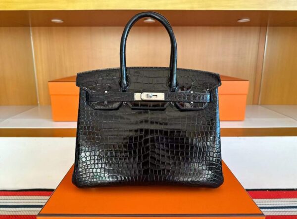 2025-11-24_175703_383-1024x757-1 H Factory Bags Birkin Shiny Porosus Crocodile CK89 Black Silver Hardware 30cm Full Handmade