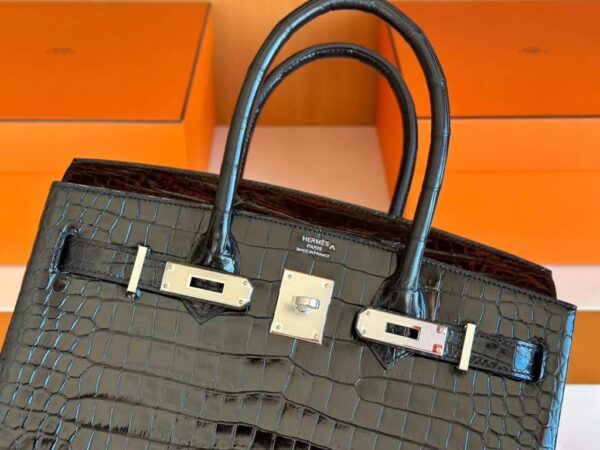 2025-11-24_175716_510-1024x768-1 H Factory Bags Birkin Shiny Porosus Crocodile CK89 Black Silver Hardware 30cm Full Handmade