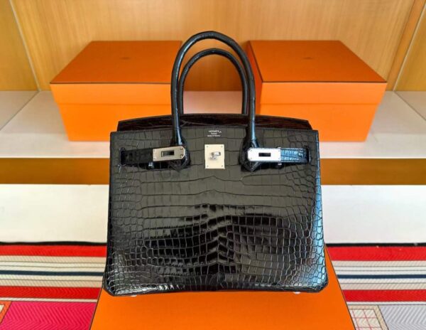 2025-11-24_175720_481-1024x792-1 H Factory Bags Birkin Shiny Porosus Crocodile CK89 Black Silver Hardware 30cm Full Handmade