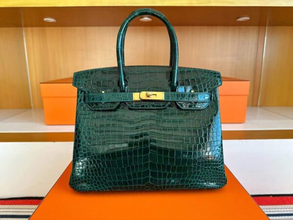 H Factory Bags Birkin Shiny Porosus Crocodile CK67 Deep Green Gold Hardware 30cm Full Handmade