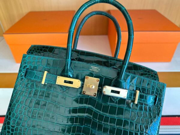 H Factory Bags Birkin Shiny Porosus Crocodile CK67 Deep Green Gold Hardware 30cm Full Handmade