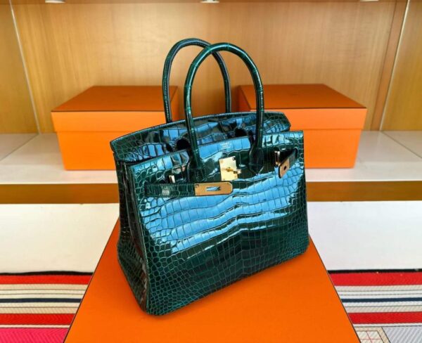 H Factory Bags Birkin Shiny Porosus Crocodile CK67 Deep Green Gold Hardware 30cm Full Handmade