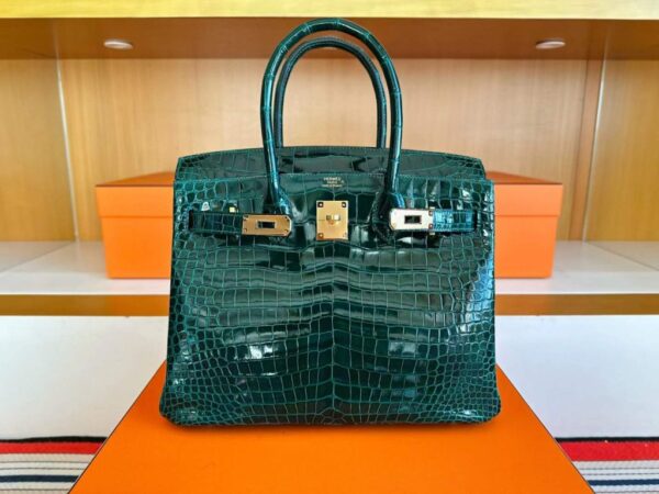 H Factory Bags Birkin Shiny Porosus Crocodile CK67 Deep Green Gold Hardware 30cm Full Handmade
