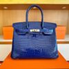 H Factory Bags Birkin Shiny Porosus Crocodile Shiny Blue Silver Hardware 30cm Full Handmade