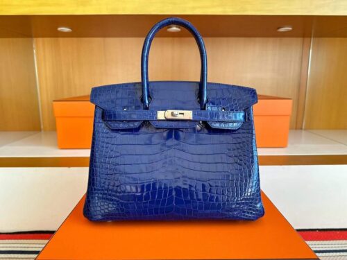 H Factory Bags Birkin Shiny Porosus Crocodile Shiny Blue Silver Hardware 30cm Full Handmade