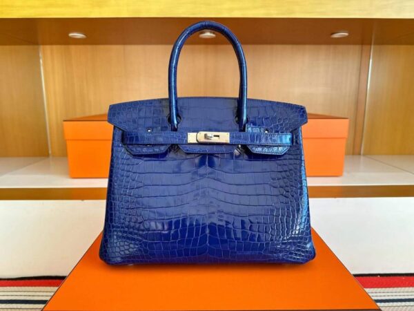 H Factory Bags Birkin Shiny Porosus Crocodile Shiny Blue Silver Hardware 30cm Full Handmade