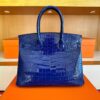 H Factory Bags Birkin Shiny Porosus Crocodile Shiny Blue Silver Hardware 30cm Full Handmade