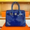 H Factory Bags Birkin Shiny Porosus Crocodile Shiny Blue Silver Hardware 30cm Full Handmade