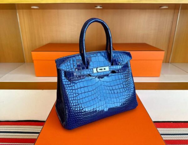 H Factory Bags Birkin Shiny Porosus Crocodile Shiny Blue Silver Hardware 30cm Full Handmade
