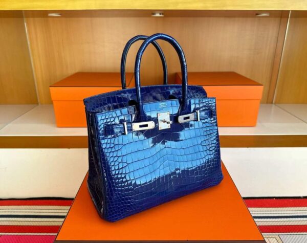 H Factory Bags Birkin Shiny Porosus Crocodile Shiny Blue Silver Hardware 30cm Full Handmade