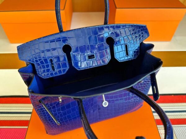 H Factory Bags Birkin Shiny Porosus Crocodile Shiny Blue Silver Hardware 30cm Full Handmade