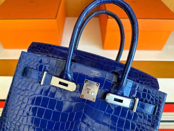 H Factory Bags Birkin Shiny Porosus Crocodile Shiny Blue Silver Hardware 30cm Full Handmade