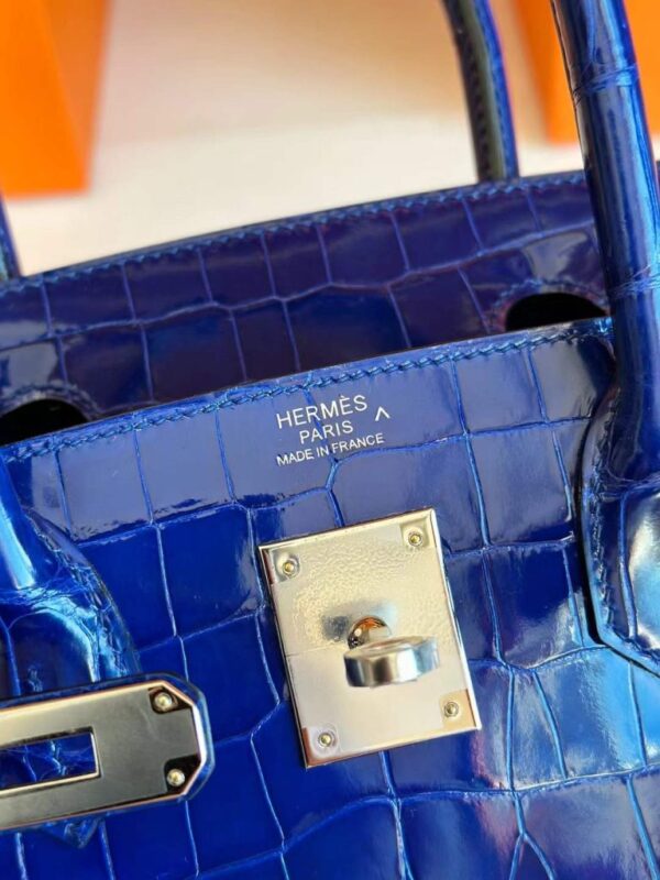 H Factory Bags Birkin Shiny Porosus Crocodile Shiny Blue Silver Hardware 30cm Full Handmade
