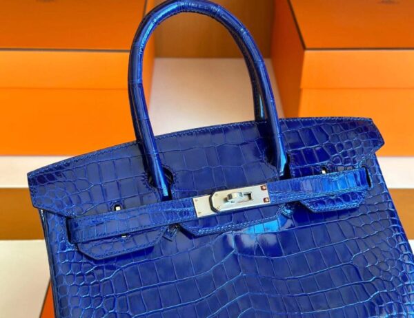 H Factory Bags Birkin Shiny Porosus Crocodile Shiny Blue Silver Hardware 30cm Full Handmade