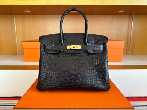 H Factory Bags Birkin Matte Porosus Crocodile CK89 Black Gold Hardware 30cm Full Handmade