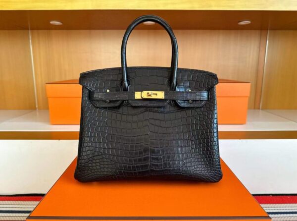 H Factory Bags Birkin Matte Porosus Crocodile CK89 Black Gold Hardware 30cm Full Handmade