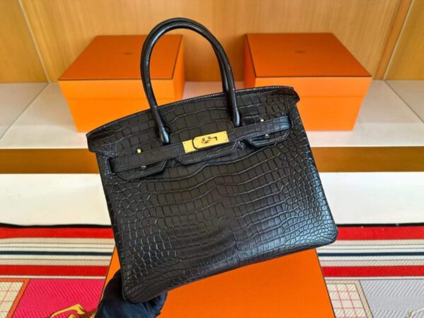 H Factory Bags Birkin Matte Porosus Crocodile CK89 Black Gold Hardware 30cm Full Handmade