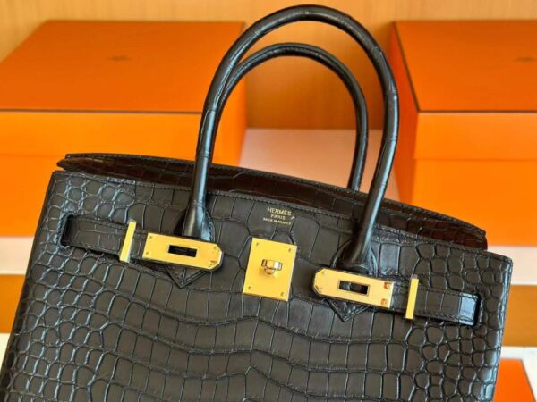 H Factory Bags Birkin Matte Porosus Crocodile CK89 Black Gold Hardware 30cm Full Handmade