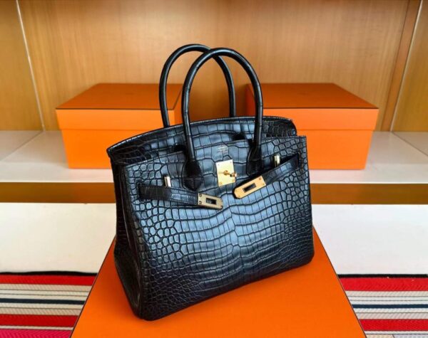 H Factory Bags Birkin Matte Porosus Crocodile CK89 Black Gold Hardware 30cm Full Handmade
