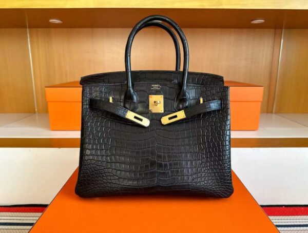H Factory Bags Birkin Matte Porosus Crocodile CK89 Black Gold Hardware 30cm Full Handmade