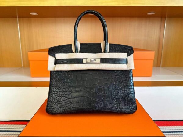 H Factory Bags Birkin Matte Alligator Crocodile CK89 Black Silver Hardware 30cm Full Handmade