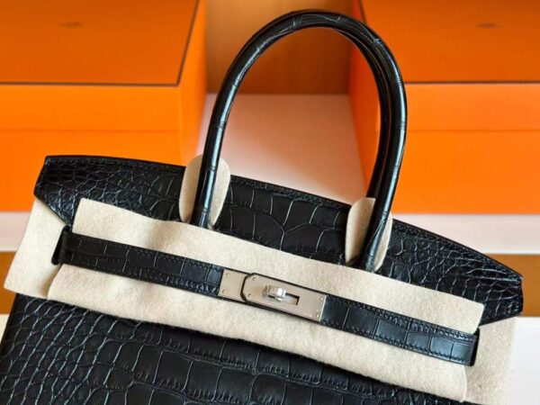 H Factory Bags Birkin Matte Alligator Crocodile CK89 Black Silver Hardware 30cm Full Handmade