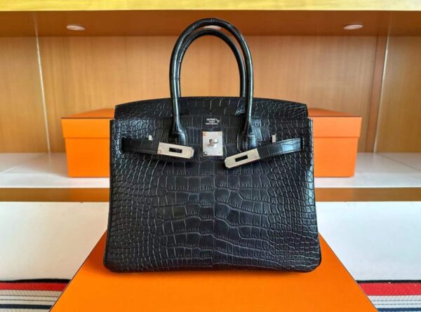 H Factory Bags Birkin Matte Alligator Crocodile CK89 Black Silver Hardware 30cm Full Handmade